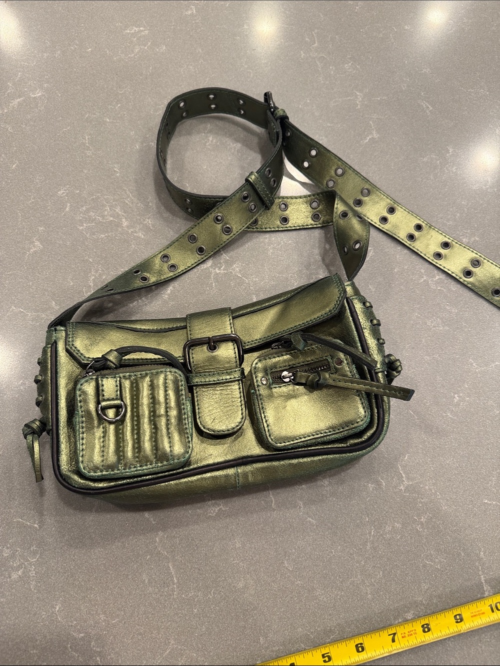 Leather Free People Olive Green Metallic Crossbody Shoulder Bag - Picture 8 of 8